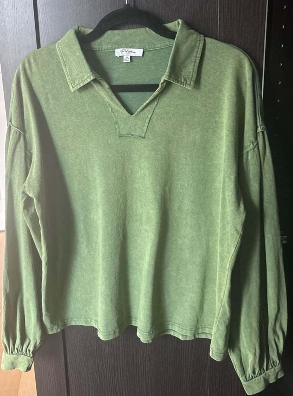 Polagram Green Mineral Wash Long Sleeve Johnny Collar Top